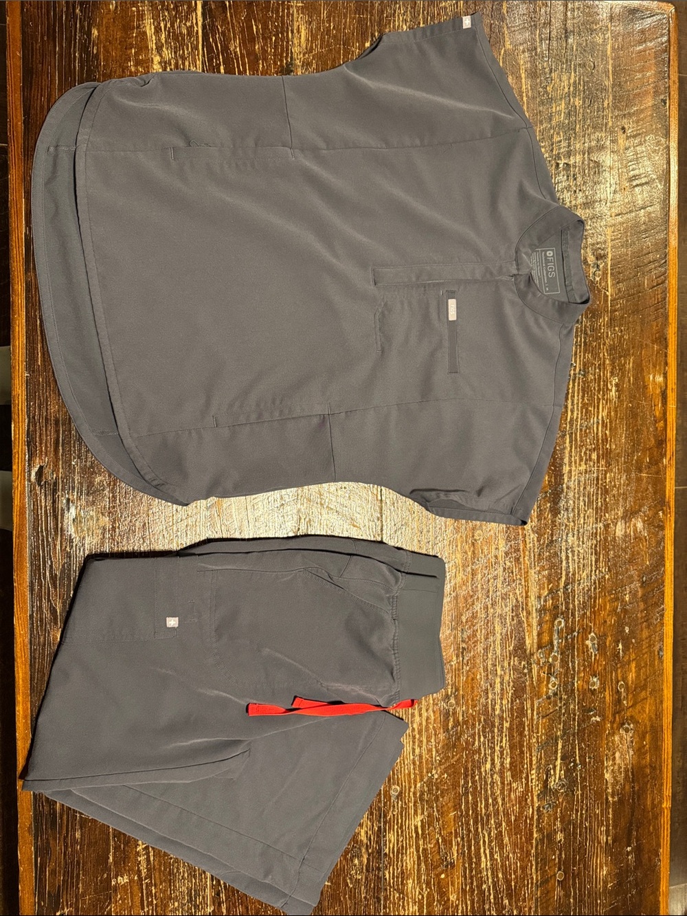 Figs Women's Charcoal Scrub Top and Joggers with Red Drawstring